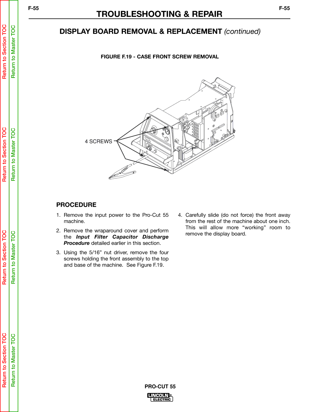 Lincoln Electric SVM140-A service manual Display Board Removal & Replacement, Figure F.19 Case Front Screw Removal 