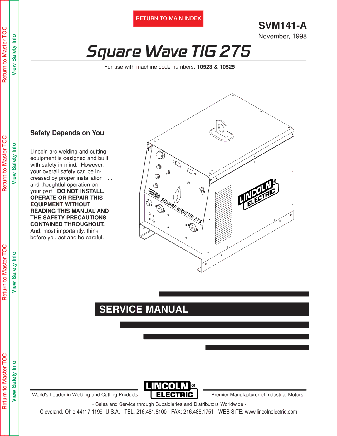 Lincoln Electric SVM141-A service manual Square Wave TIG, Safety Depends on You 