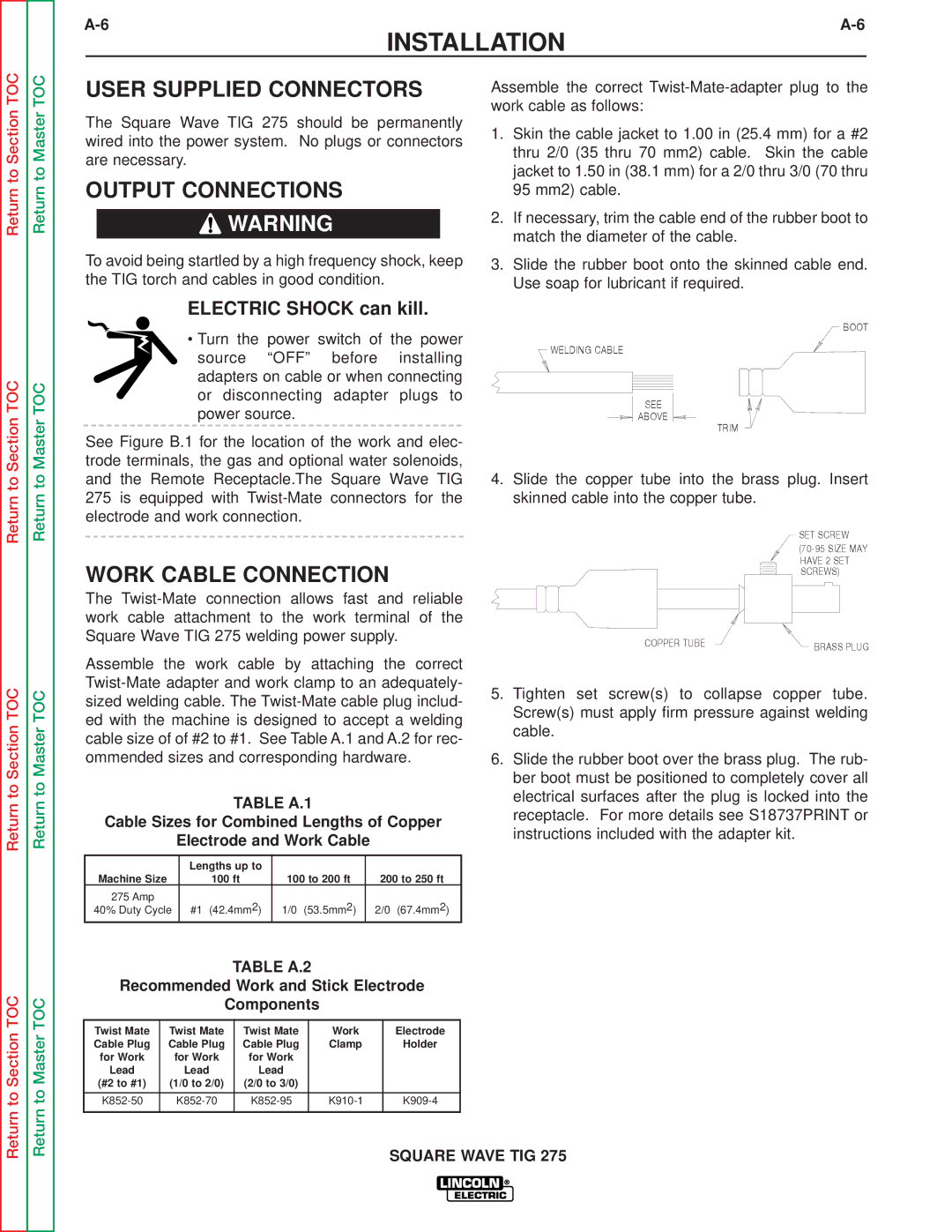 Lincoln Electric SVM141-A User Supplied Connectors, Output Connections, Work Cable Connection, Table A.1, Table A.2 