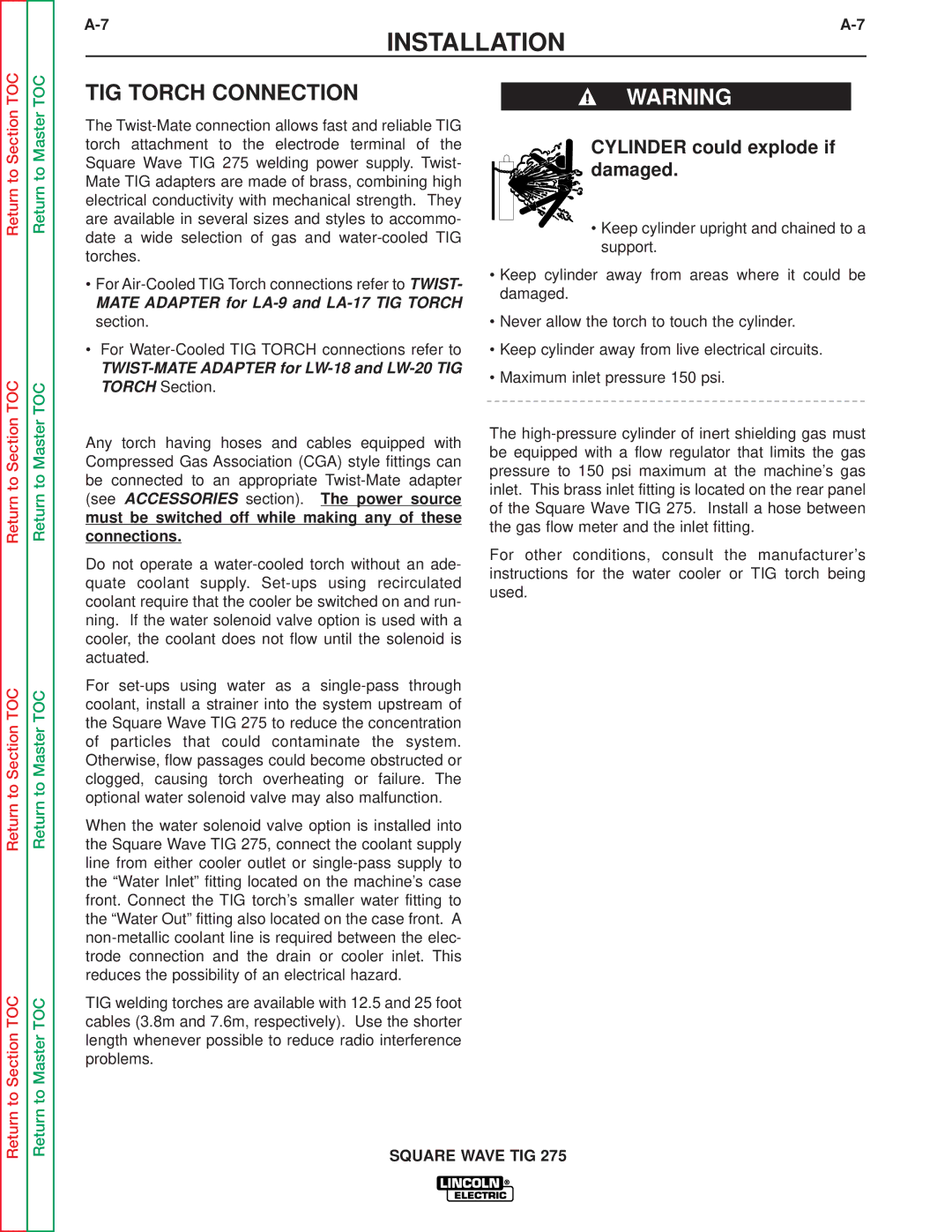 Lincoln Electric SVM141-A service manual TIG Torch Connection, Cylinder could explode if damaged 