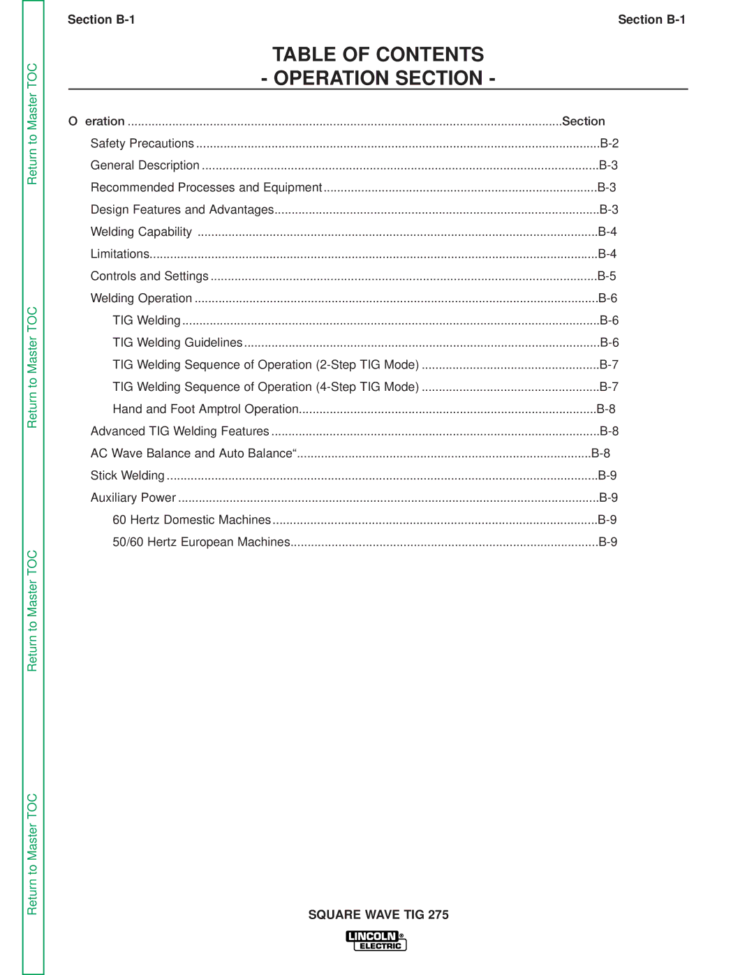 Lincoln Electric SVM141-A service manual Table of Contents Operation Section 