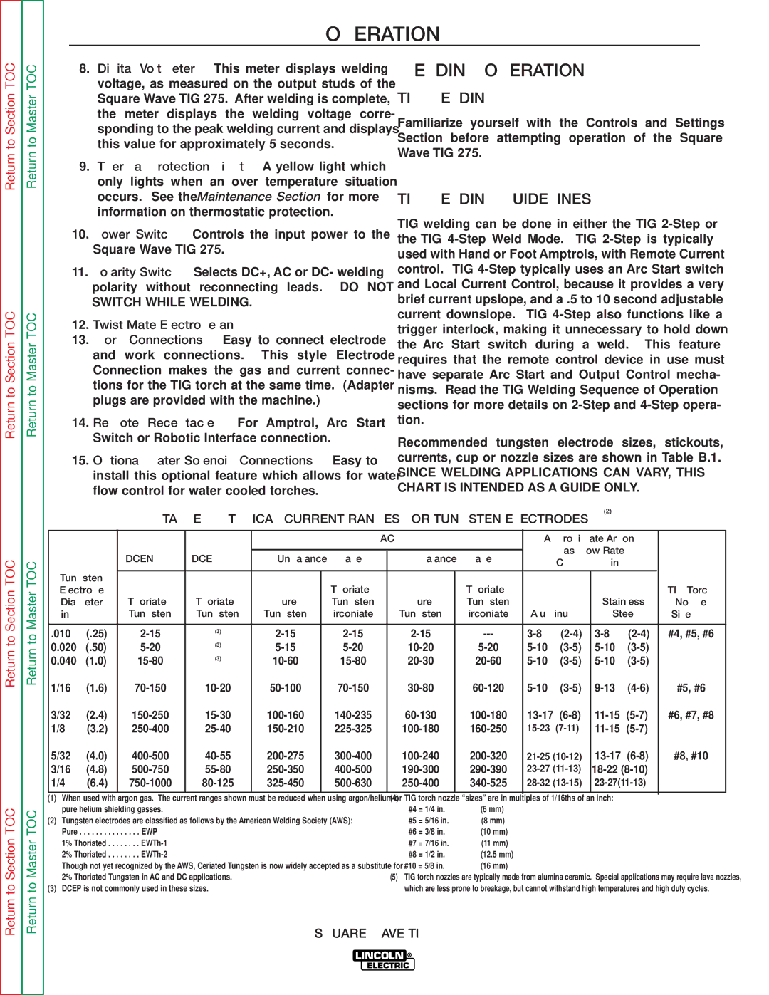 Lincoln Electric SVM141-A service manual Welding Operation, TIG Welding Guidelines, Twist Mate Electrode 