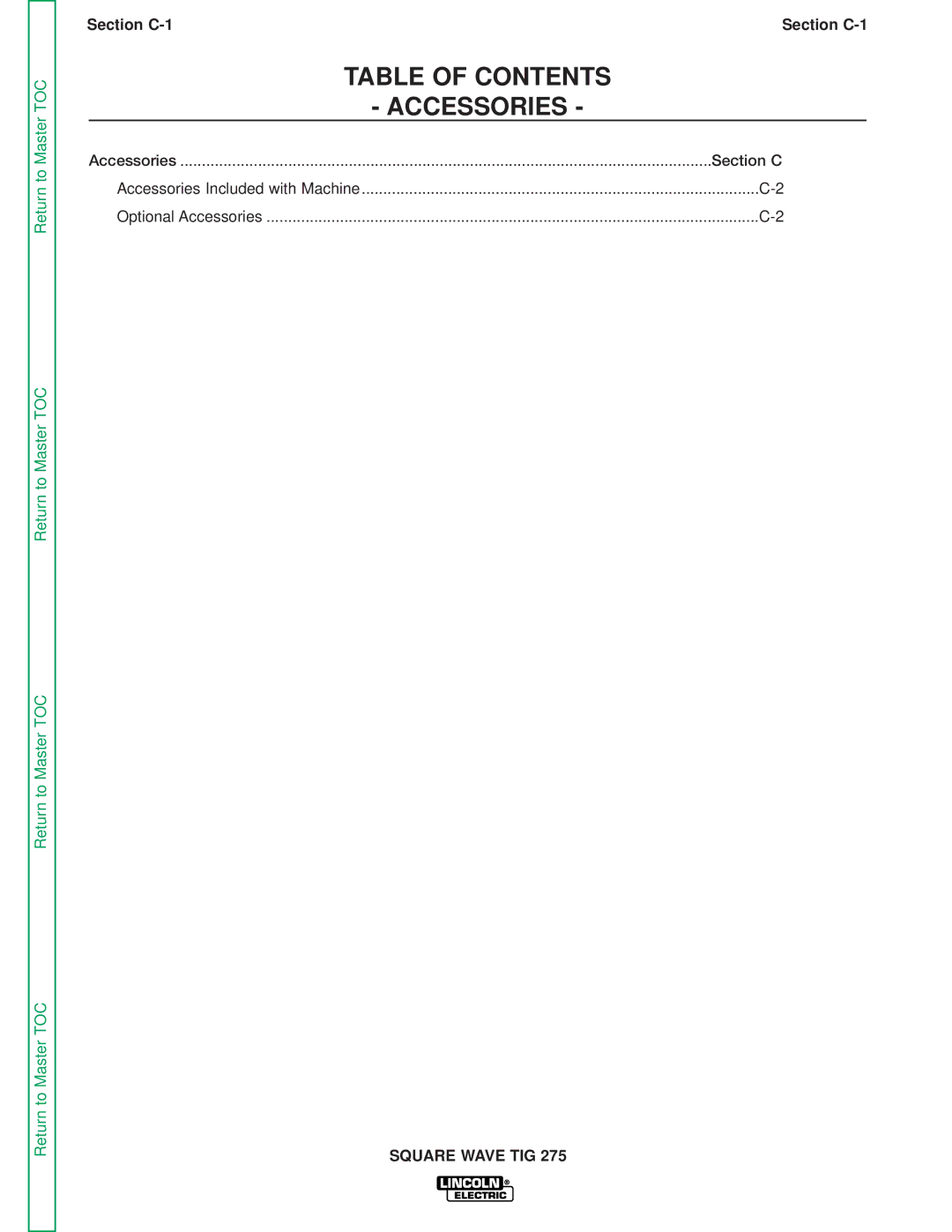 Lincoln Electric SVM141-A service manual Table of Contents Accessories, Section C-1Section C-1 