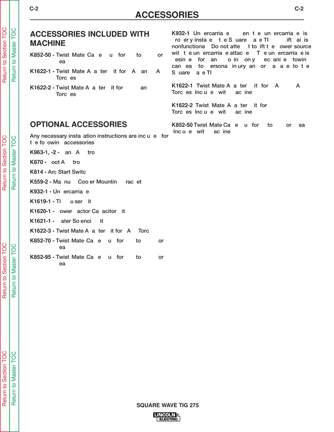 Lincoln Electric SVM141-A service manual Accessories Included with Machine, Optional Accessories, K963-1, -2 Hand Amptrol 