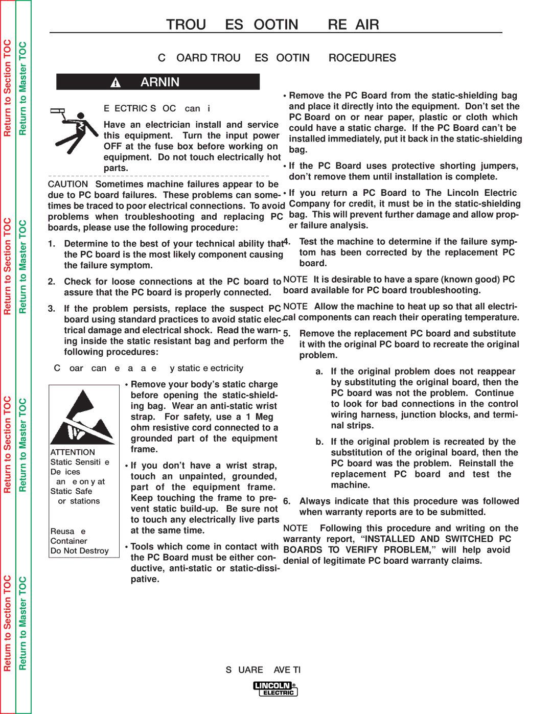 Lincoln Electric SVM141-A service manual PC Board Troubleshooting Procedures, PC Board can be damaged by static electricity 