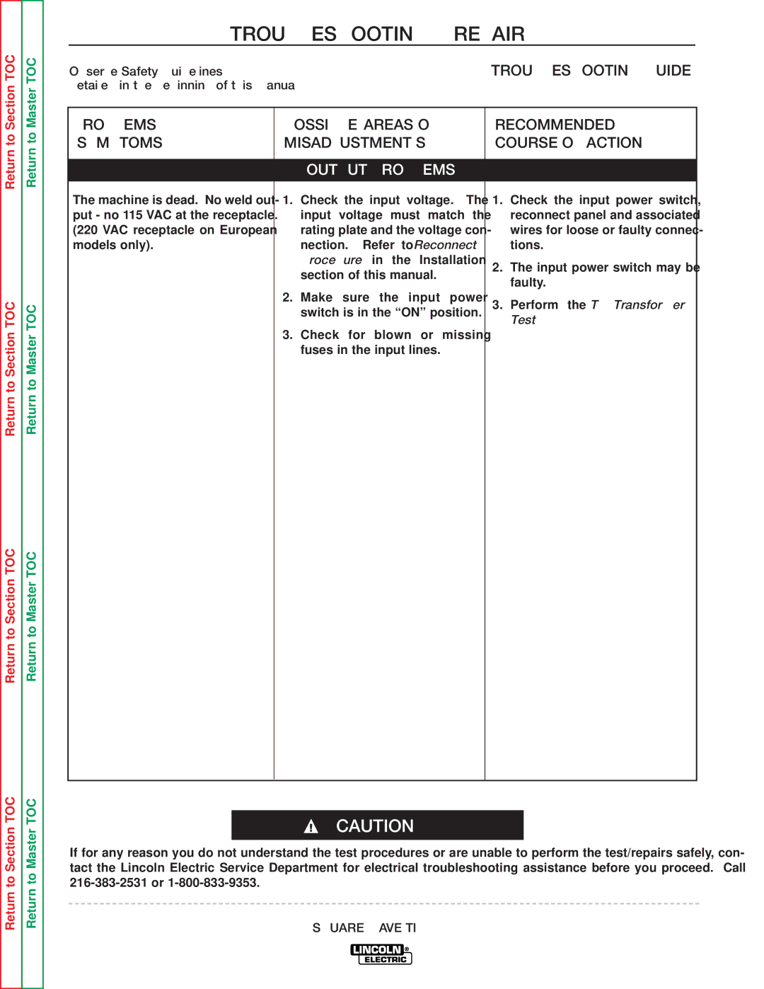 Lincoln Electric SVM141-A Troubleshooting Guide, Observe Safety Guidelines, Detailed in the beginning of this manual 