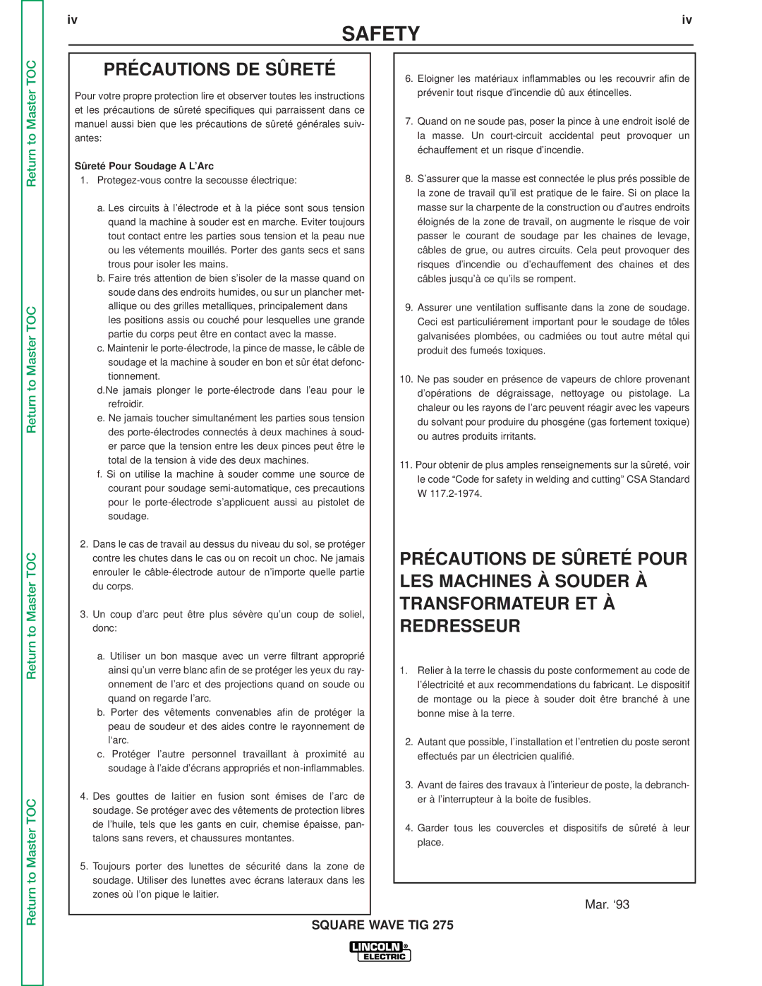 Lincoln Electric SVM141-A service manual Précautions DE Sûreté, Sûreté Pour Soudage a L’Arc 