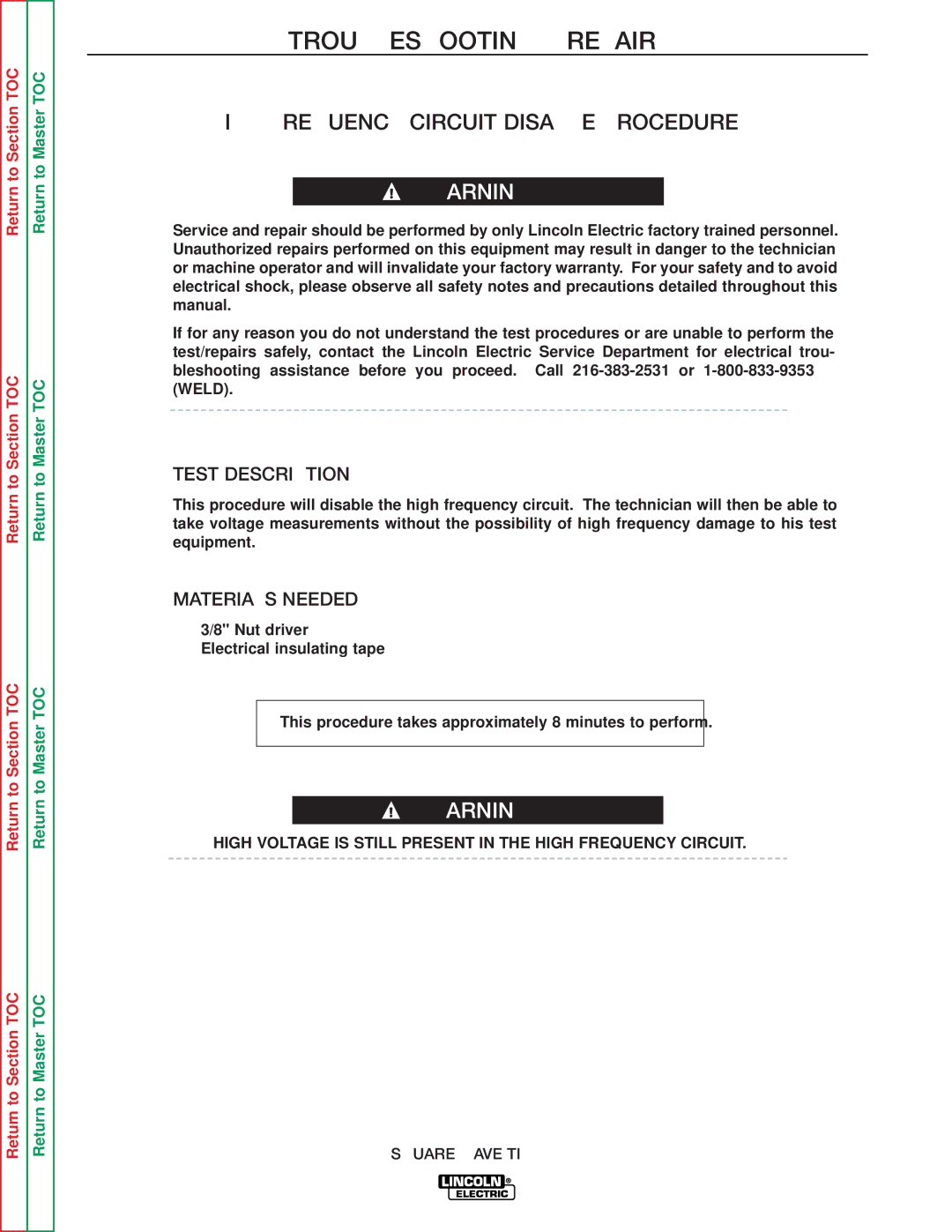 Lincoln Electric SVM141-A service manual High Frequency Circuit Disable Procedure, Test Description, Materials Needed 