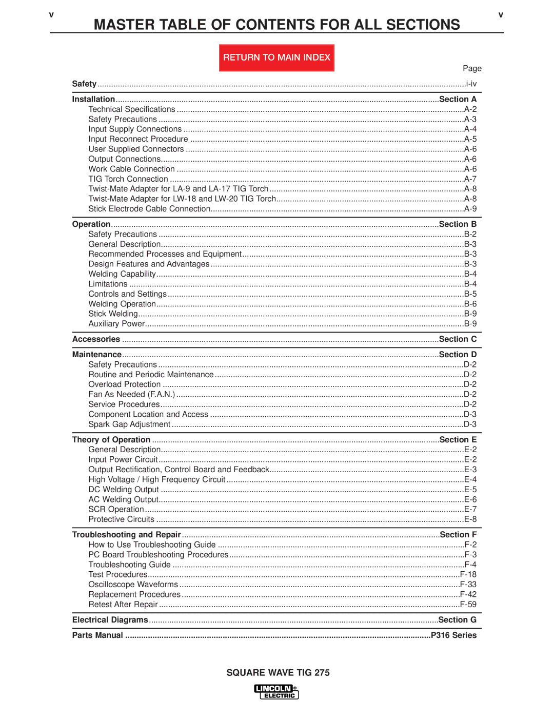 Lincoln Electric SVM141-A service manual Master Table of Contents for ALL Sections 