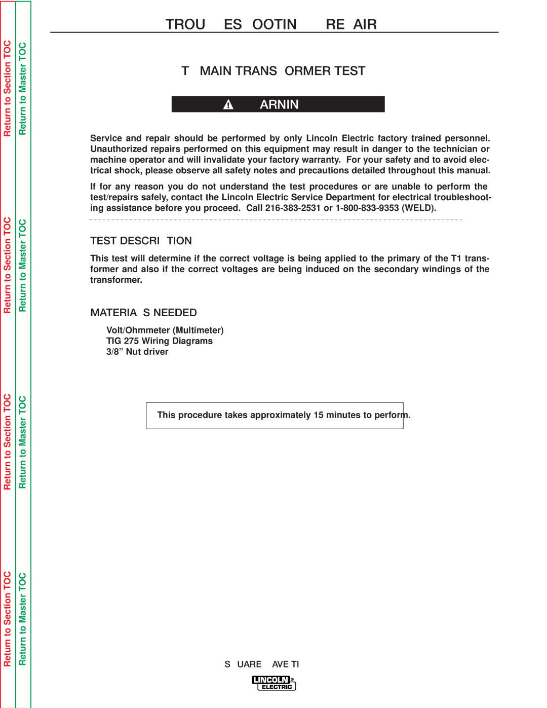 Lincoln Electric SVM141-A service manual T1 Main Transformer Test 