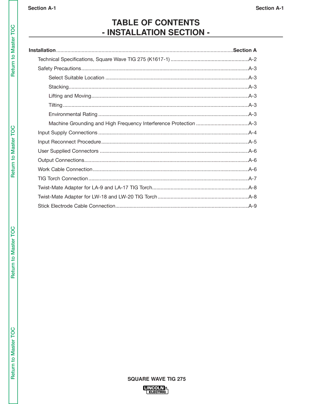 Lincoln Electric SVM141-A service manual Table of Contents Installation Section 