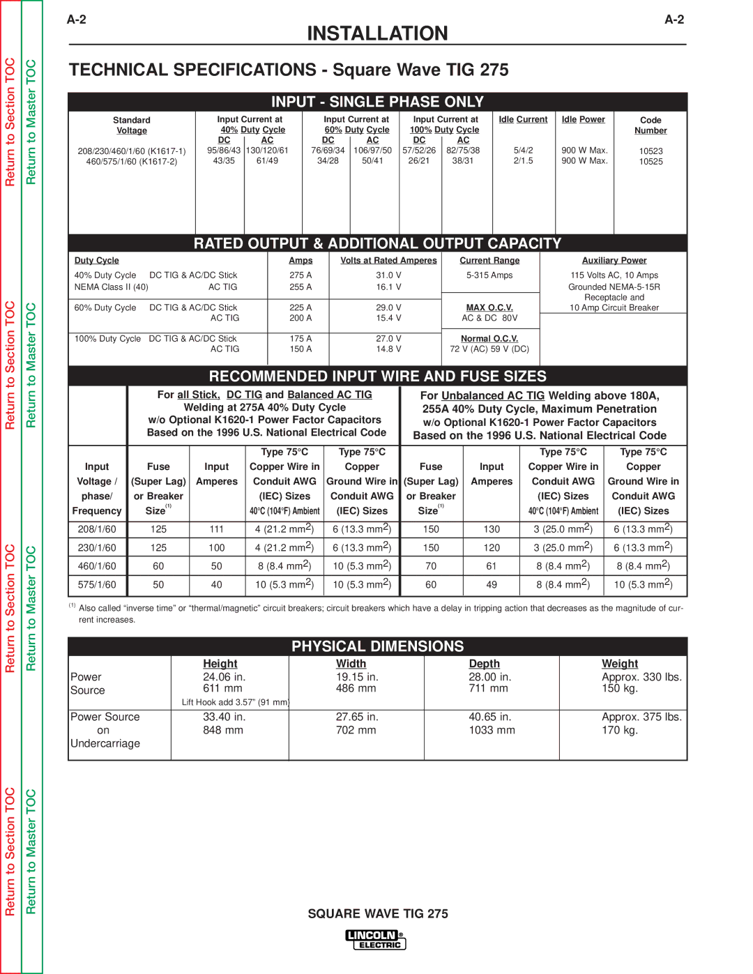 Lincoln Electric SVM141-A service manual Installation, Technical Specifications Square Wave TIG 