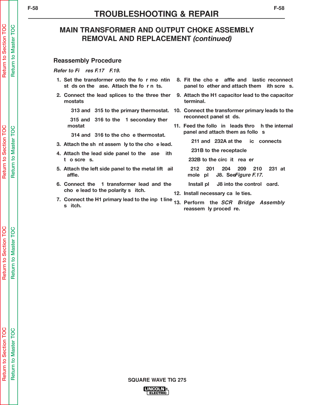 Lincoln Electric SVM141-A service manual Reassembly Procedure, Refer to Figures F.17 F.19 