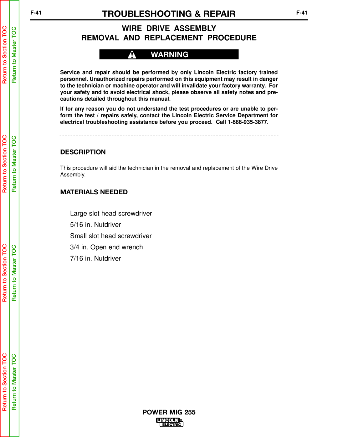 Lincoln Electric SVM144-B 41TROUBLESHOOTING & REPAIRF-41, Wire Drive Assembly Removal and Replacement Procedure 
