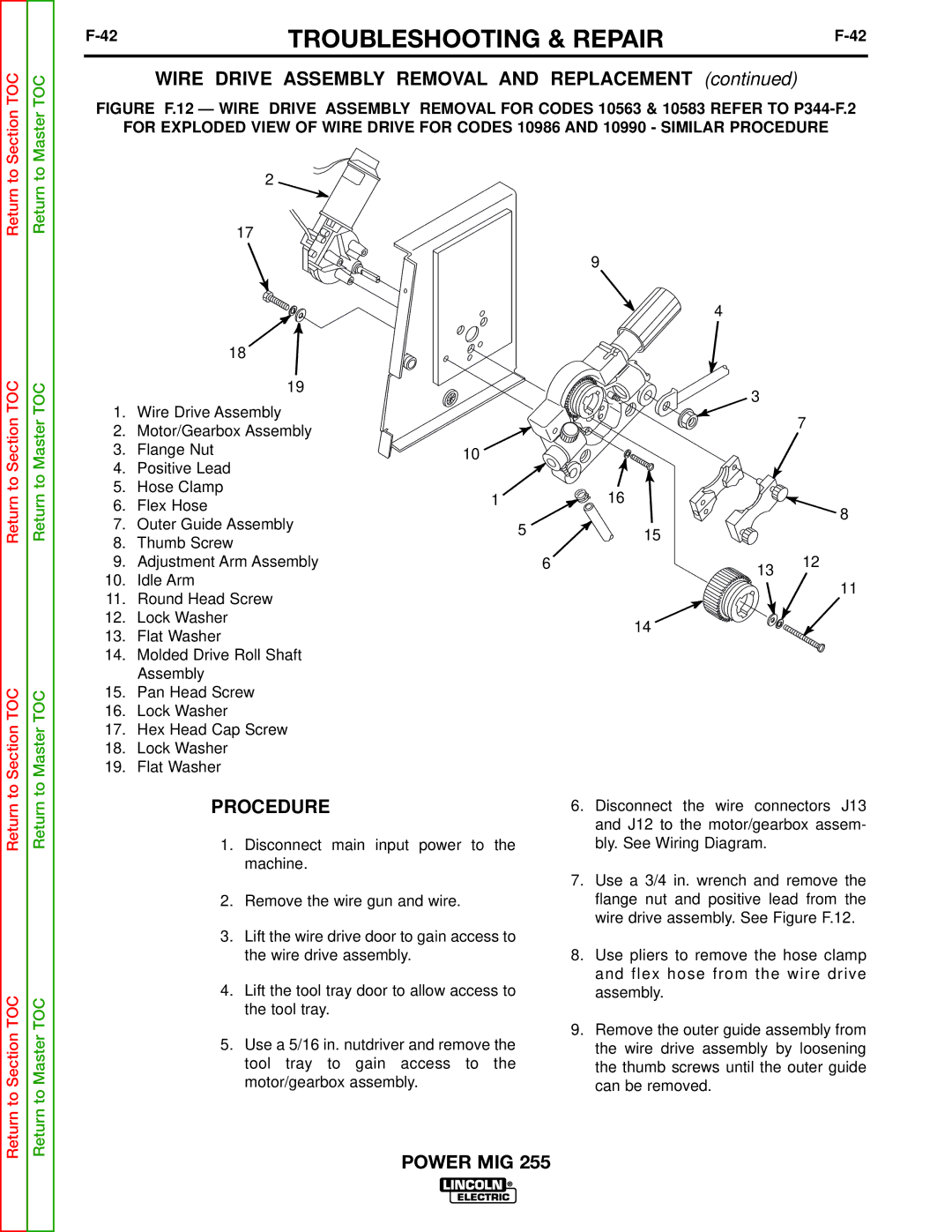 Lincoln Electric SVM144-B service manual Wire Drive Assembly Removal and Replacement, Procedure 