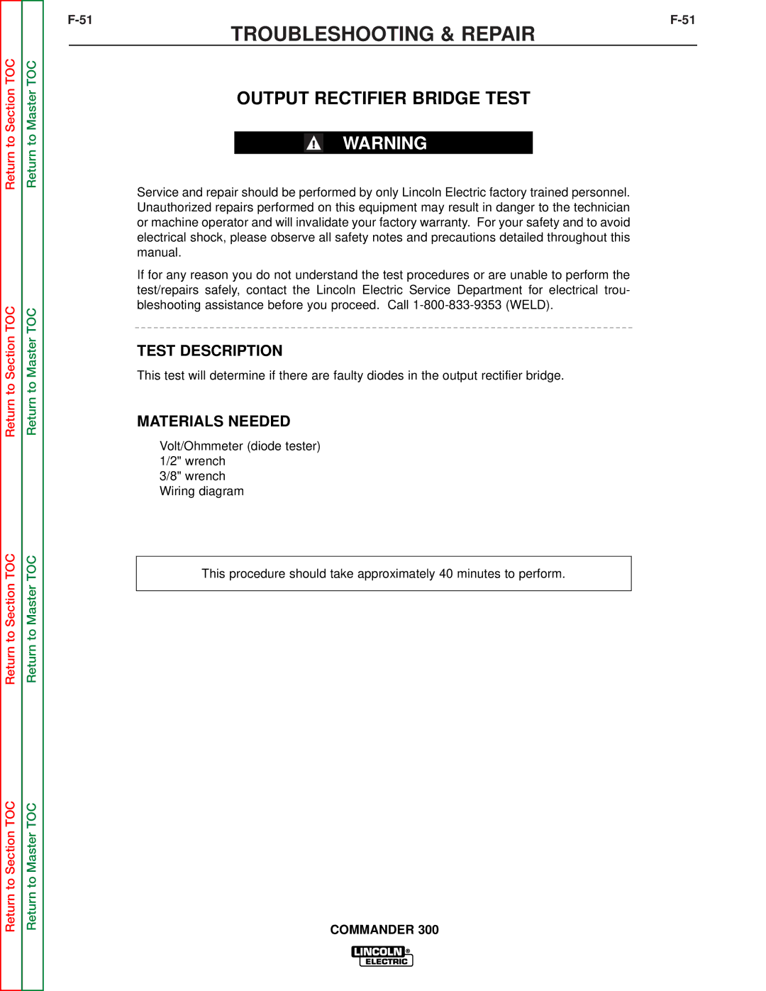 Lincoln Electric SVM145-B service manual Output Rectifier Bridge Test, Test Description 