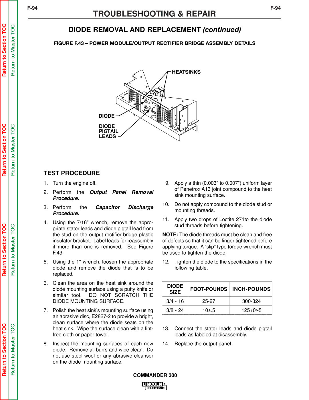 Lincoln Electric SVM145-B service manual Diode Removal and Replacement, Diode FOOT-POUNDS INCH-POUNDS Size 