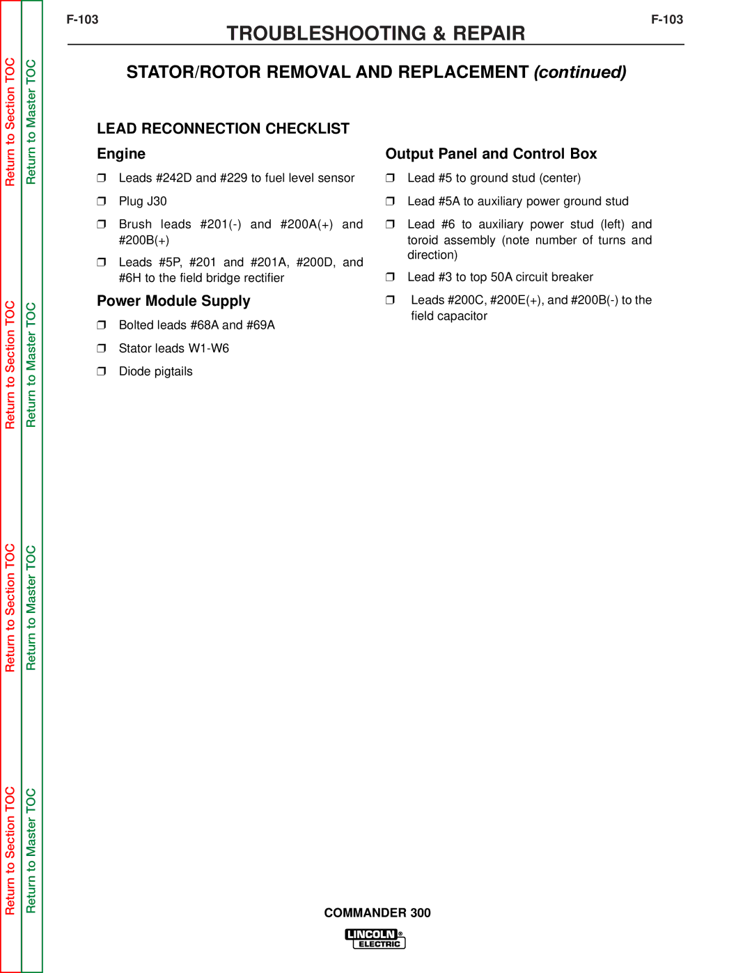 Lincoln Electric SVM145-B service manual Lead Reconnection Checklist, Engine 