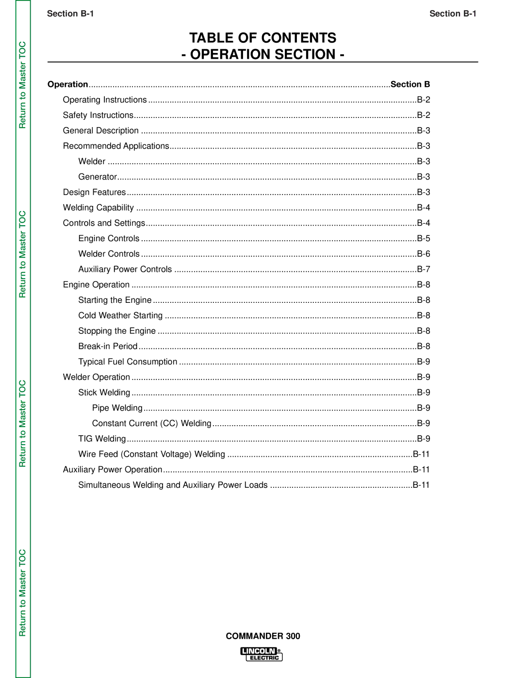 Lincoln Electric SVM145-B service manual Table of Contents Operation Section 