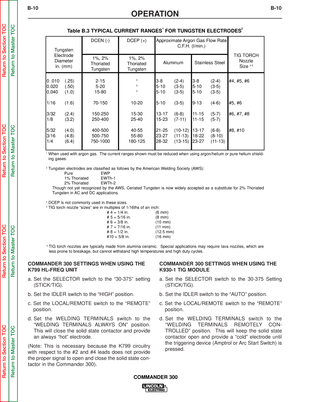 Lincoln Electric SVM145-B service manual Commander 300 Settings When Using the K799 HL-FREQ Unit 