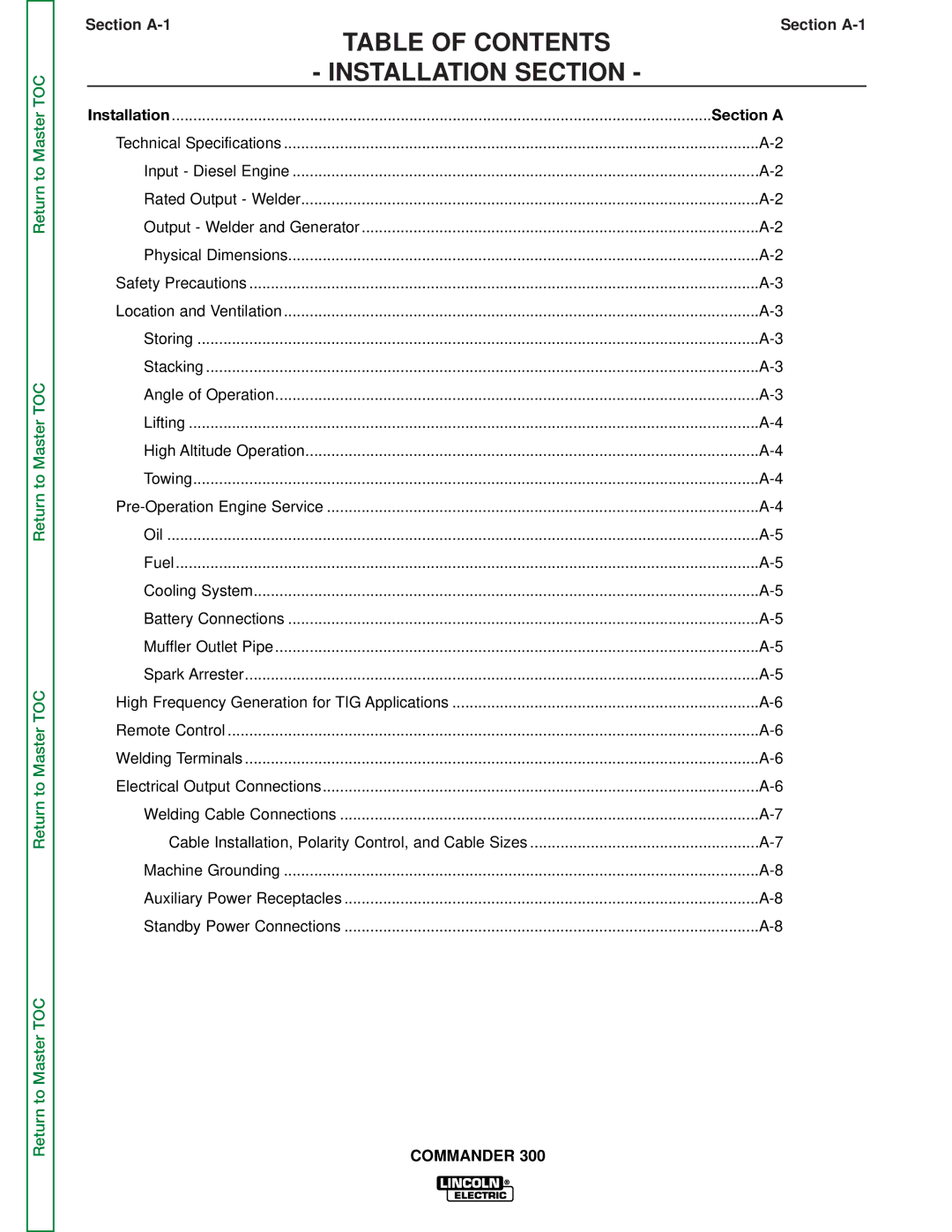 Lincoln Electric SVM145-B service manual Table of Contents Installation Section 