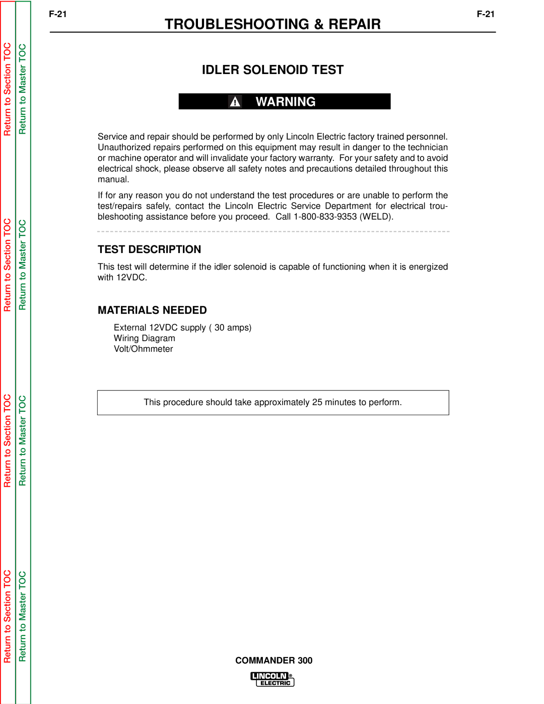 Lincoln Electric SVM145-B service manual Idler Solenoid Test 