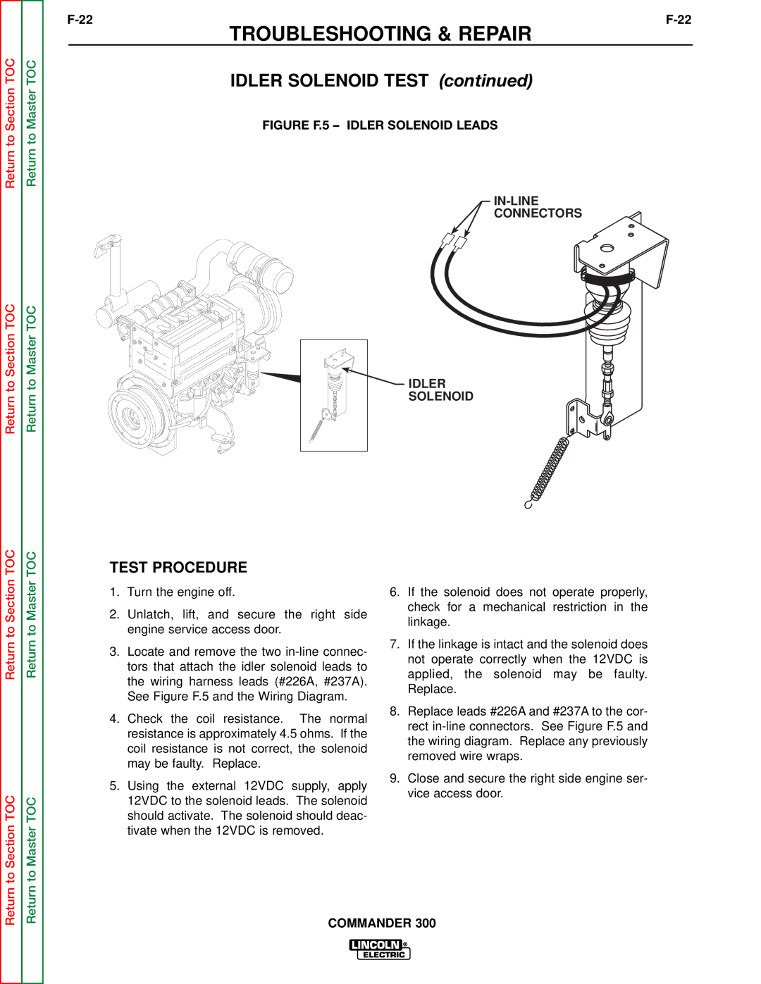 Lincoln Electric SVM145-B service manual Idler Solenoid Test, Figure F.5 Idler Solenoid Leads 