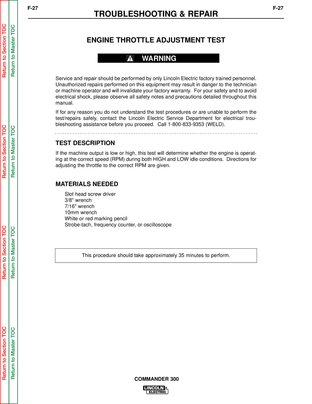 Lincoln Electric SVM145-B service manual Engine Throttle Adjustment Test, Test Description 