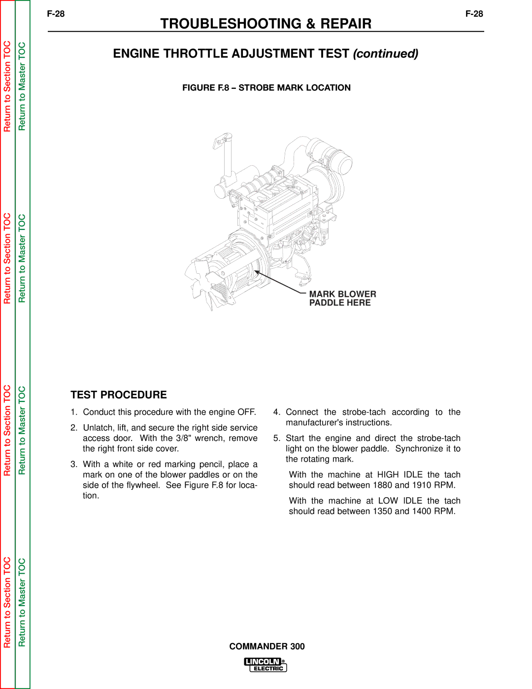 Lincoln Electric SVM145-B service manual Engine Throttle Adjustment Test, Figure F.8 Strobe Mark Location 