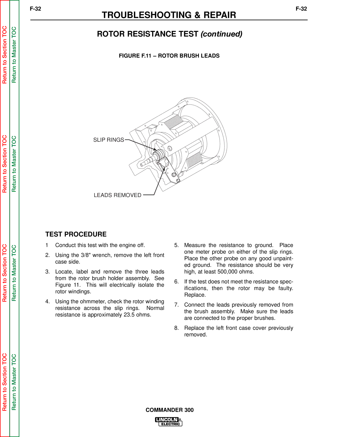 Lincoln Electric SVM145-B service manual Rotor Resistance Test, Figure F.11 Rotor Brush Leads 