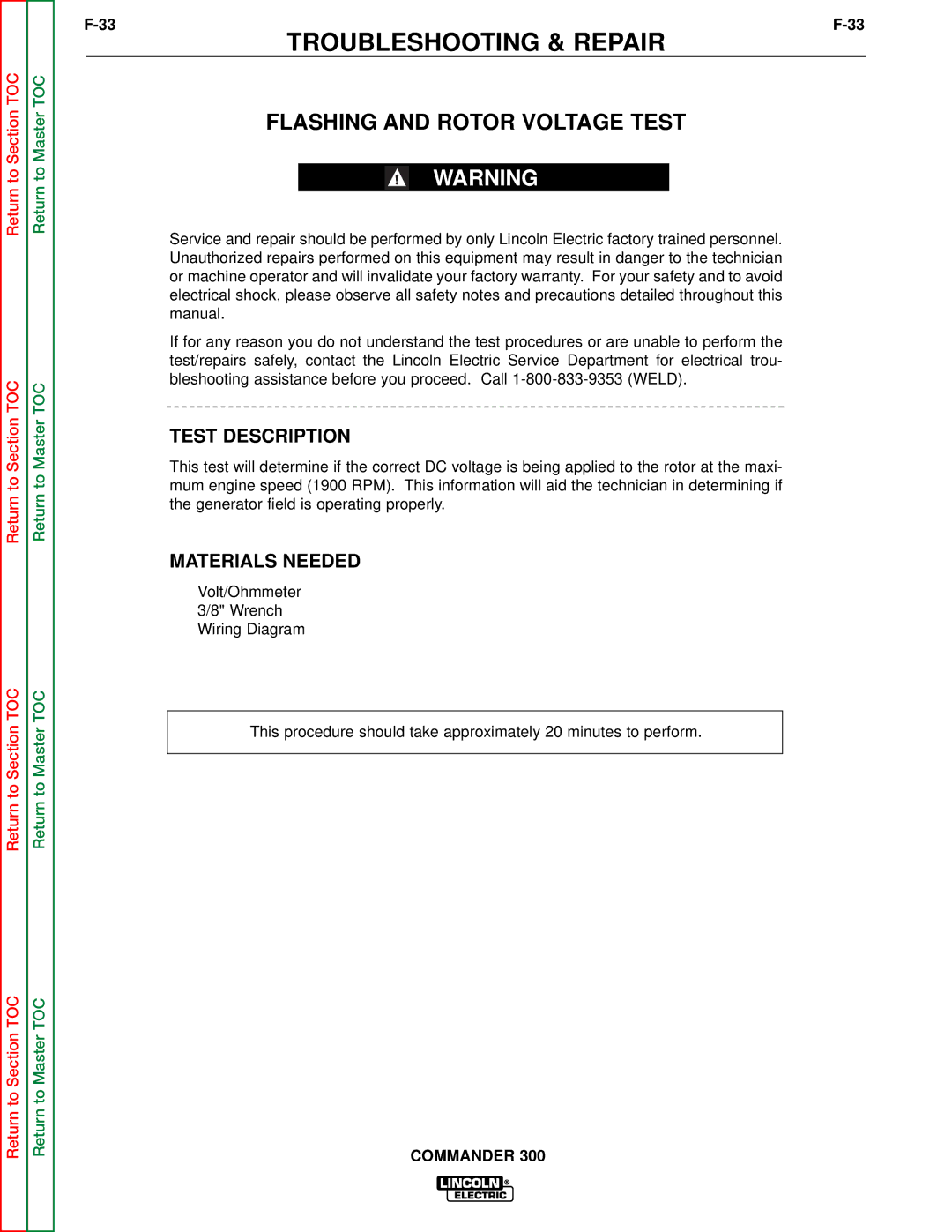 Lincoln Electric SVM145-B service manual Flashing and Rotor Voltage Test 