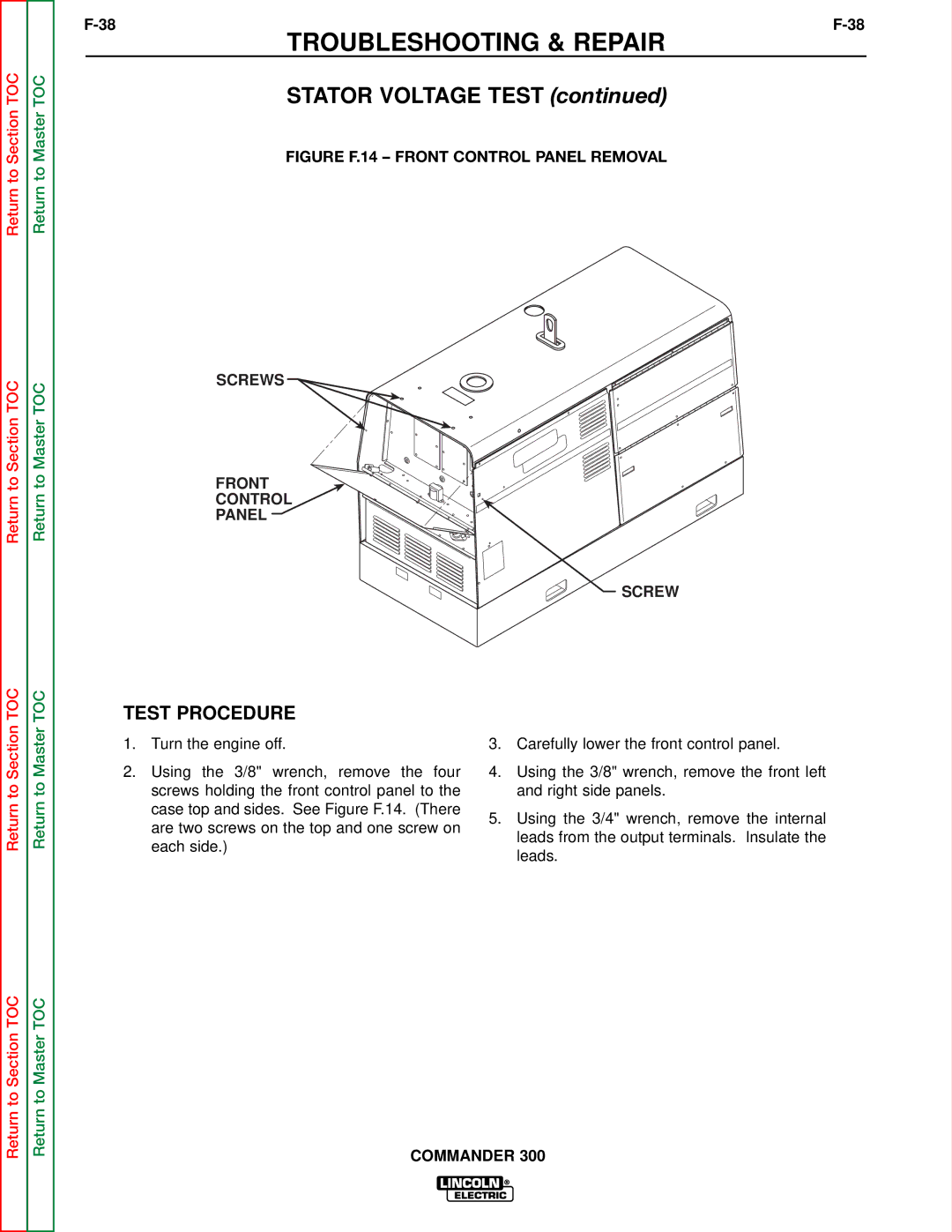 Lincoln Electric SVM145-B service manual Stator Voltage Test, Figure F.14 Front Control Panel Removal 