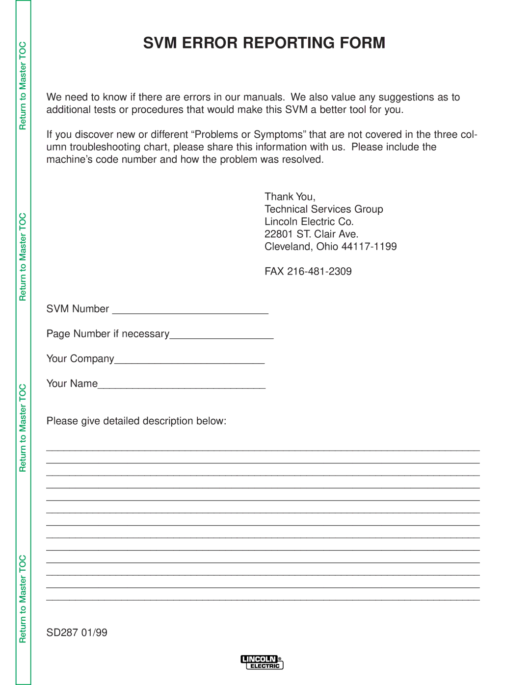 Lincoln Electric SVM146-A service manual SVM Error Reporting Form 