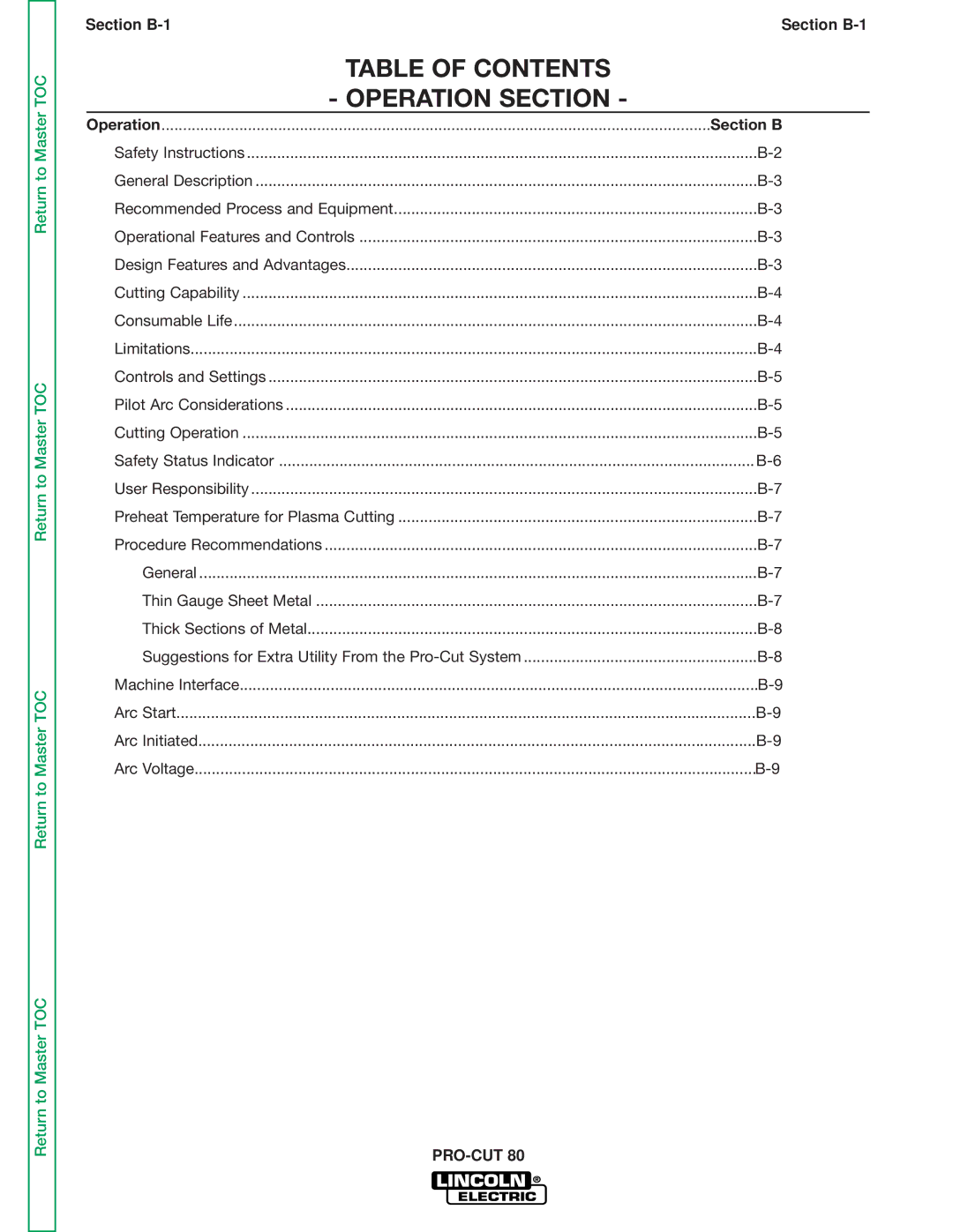 Lincoln Electric SVM146-A service manual Table of Contents Operation Section 