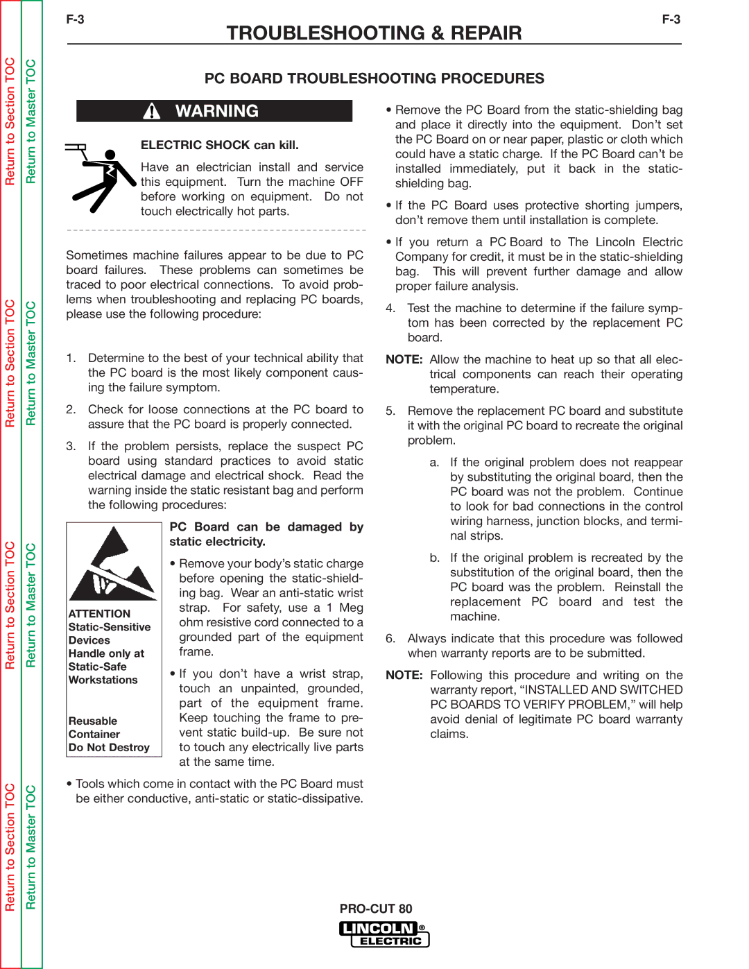 Lincoln Electric SVM146-A service manual PC Board Troubleshooting Procedures, PC Board can be damaged by static electricity 