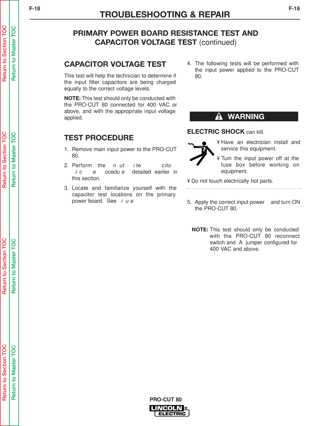 Lincoln Electric SVM146-A service manual Capacitor Voltage Test, Test Procedure 