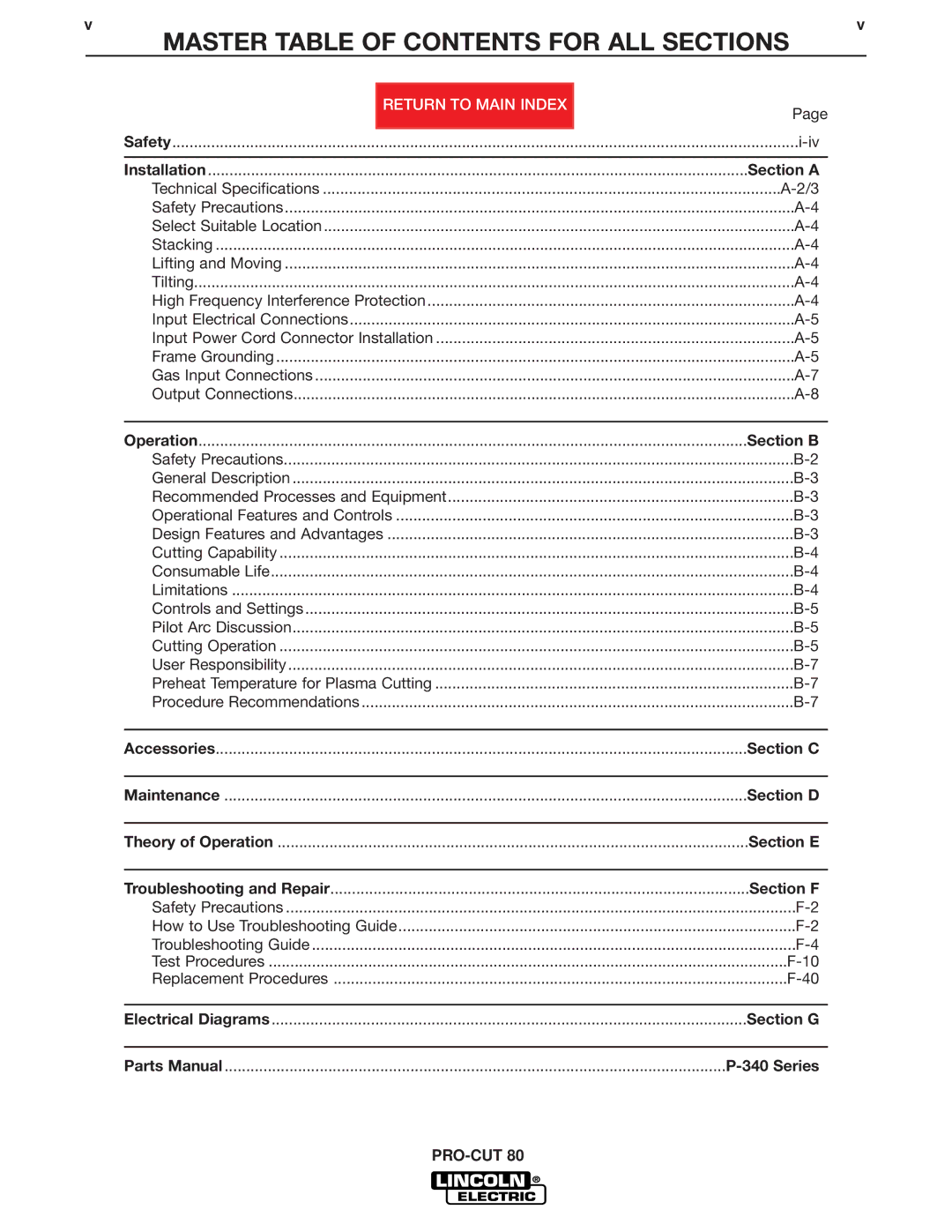 Lincoln Electric SVM146-A service manual Master Table of Contents for ALL Sections 