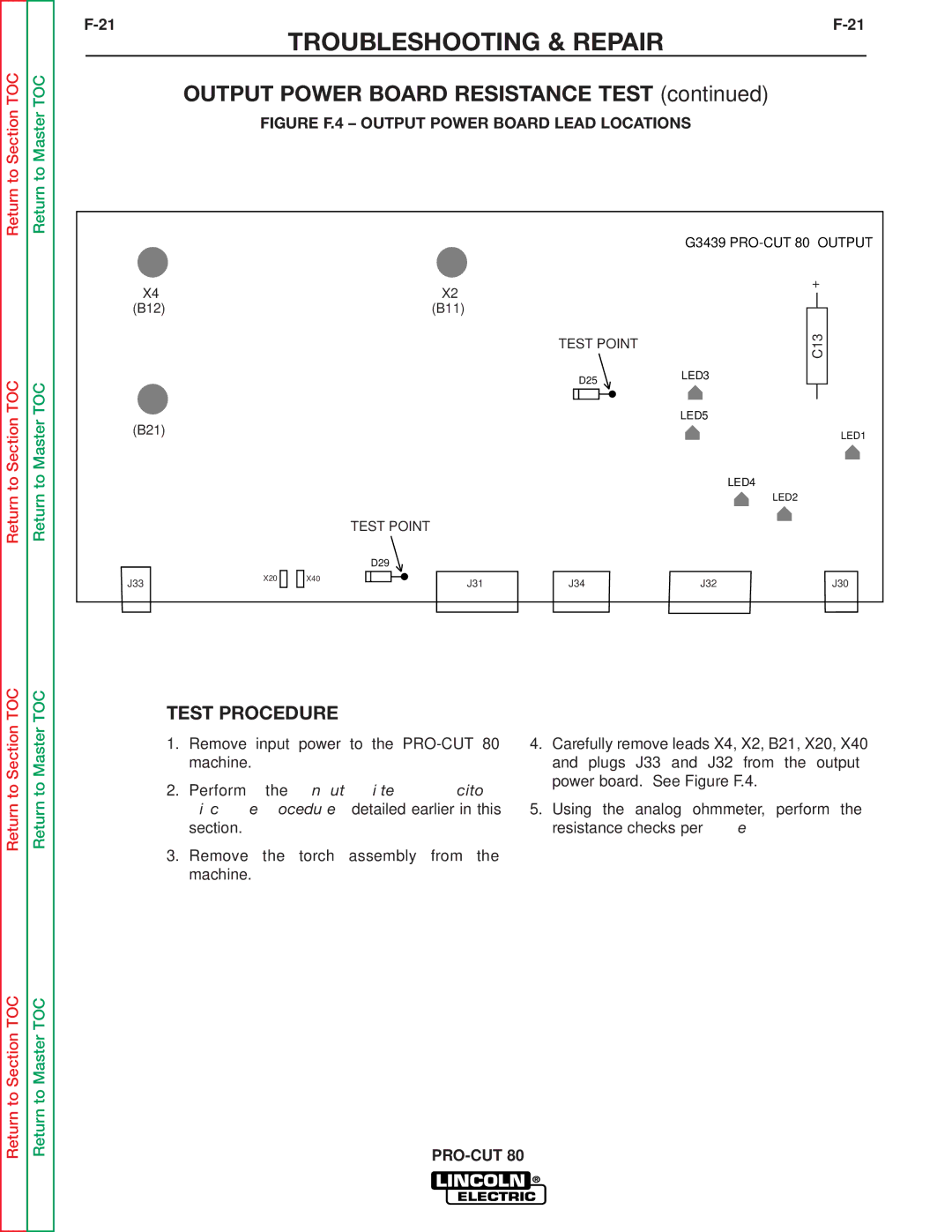 Lincoln Electric SVM146-A service manual Output Power Board Resistance Test, Figure F.4 Output Power Board Lead Locations 