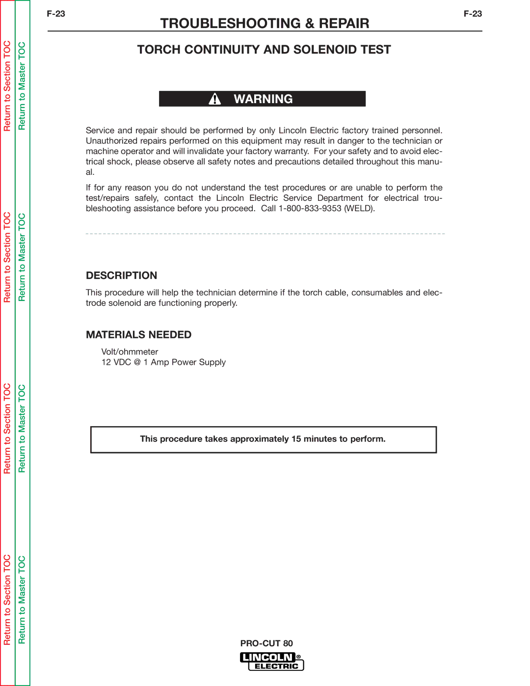 Lincoln Electric SVM146-A service manual Torch Continuity and Solenoid Test, Description 