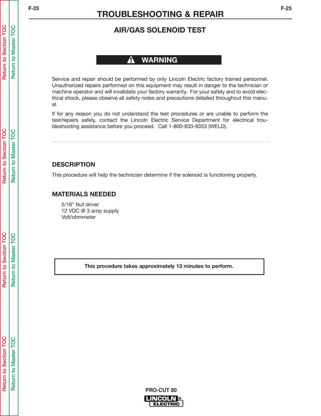 Lincoln Electric SVM146-A service manual AIR/GAS Solenoid Test 