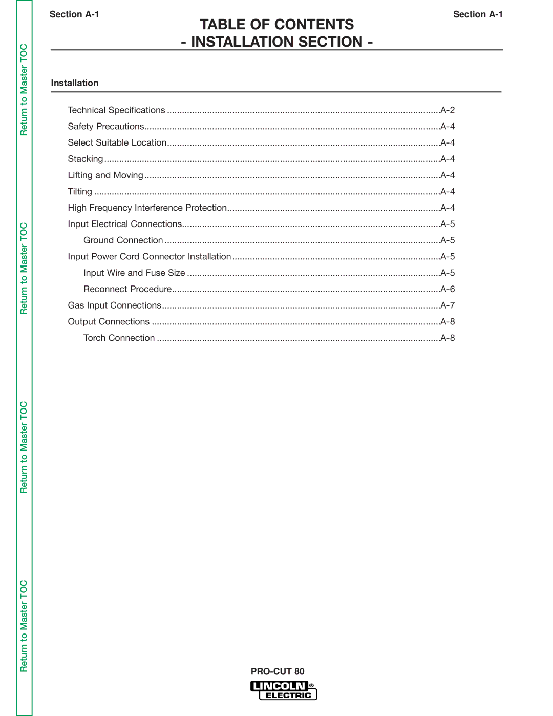 Lincoln Electric SVM146-A service manual Table of Contents Installation Section 