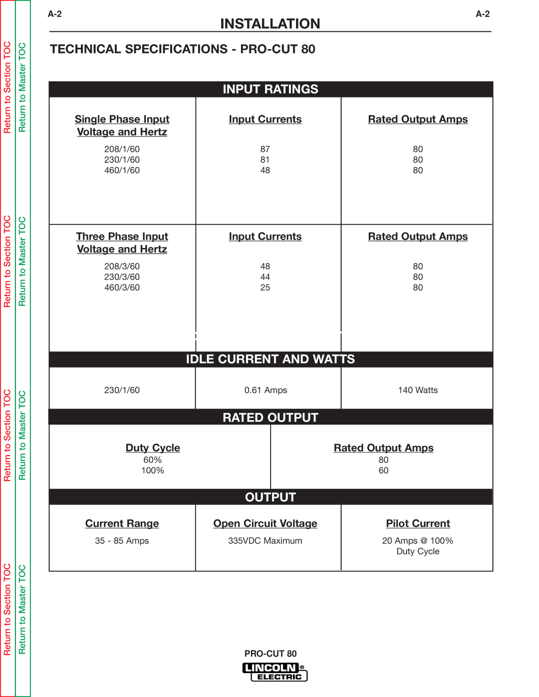 Lincoln Electric SVM146-A service manual Installation, Technical Specifications PRO-CUT 