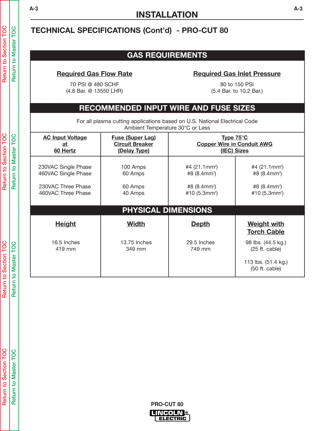 Lincoln Electric SVM146-A service manual Technical Specifications Cont’d PRO-CUT, GAS Requirements 