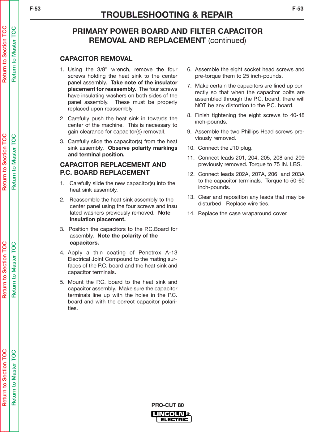 Lincoln Electric SVM146-A service manual Capacitor Removal, Capacitor Replacement and P.C. Board Replacement 