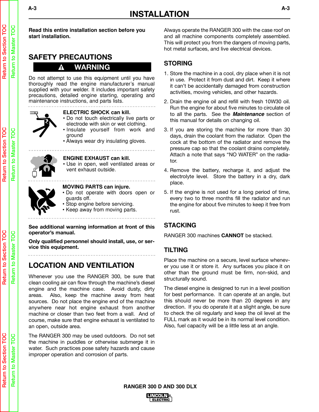 Lincoln Electric SVM148-B service manual Safety Precautions, Location and Ventilation, Storing, Stacking, Tilting 