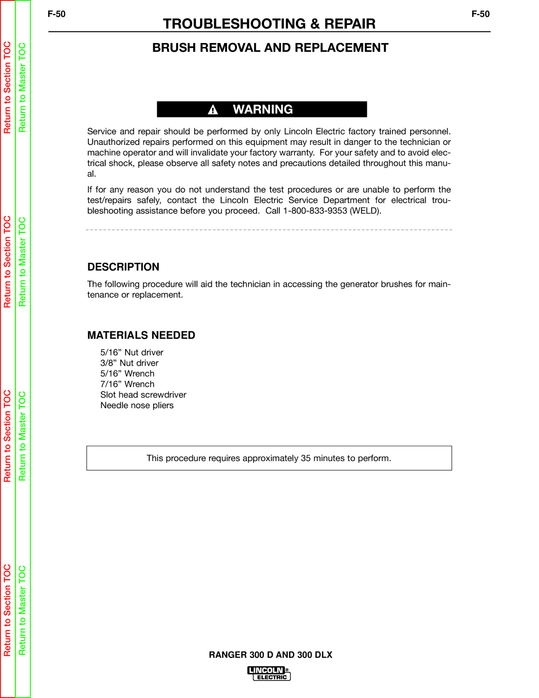 Lincoln Electric SVM148-B service manual Brush Removal and Replacement, Description 