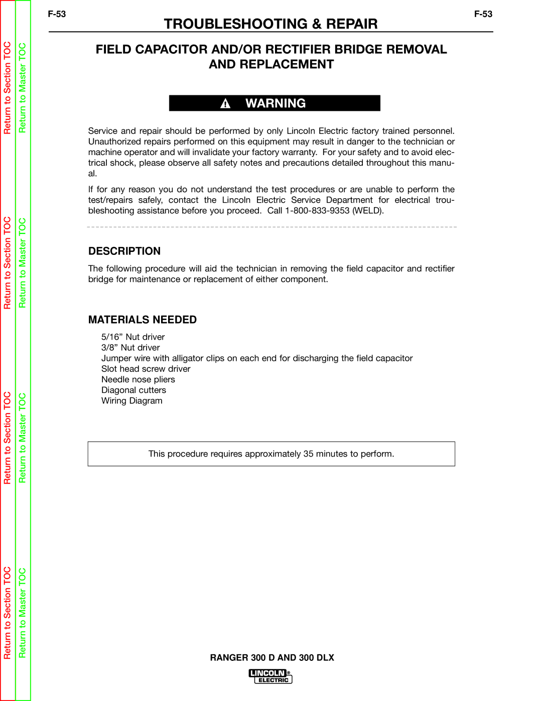 Lincoln Electric SVM148-B service manual Field Capacitor AND/OR Rectifier Bridge Removal Replacement, Description 