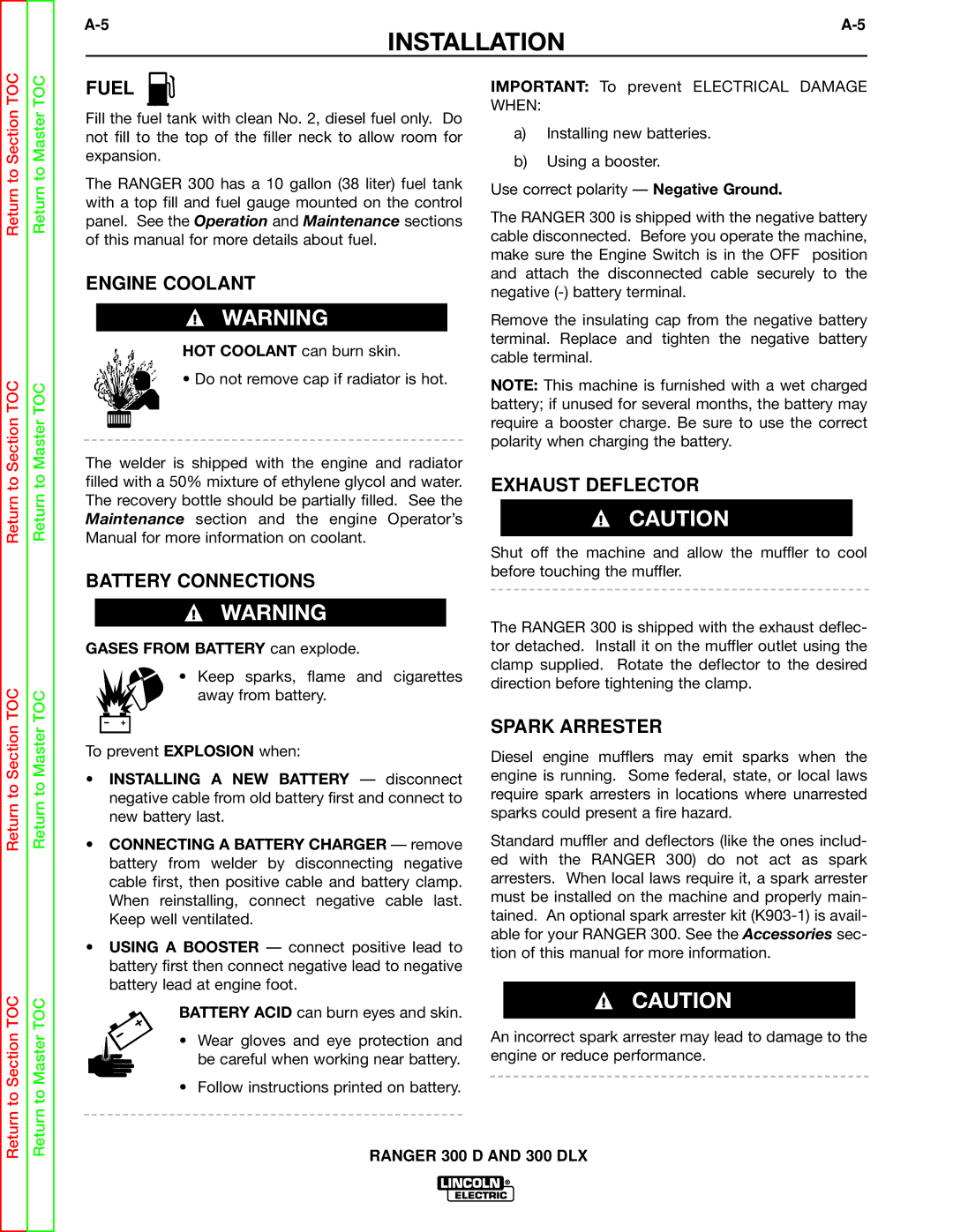 Lincoln Electric SVM148-B Fuel, Engine Coolant, Battery Connections, Spark Arrester, Gases from Battery can explode 