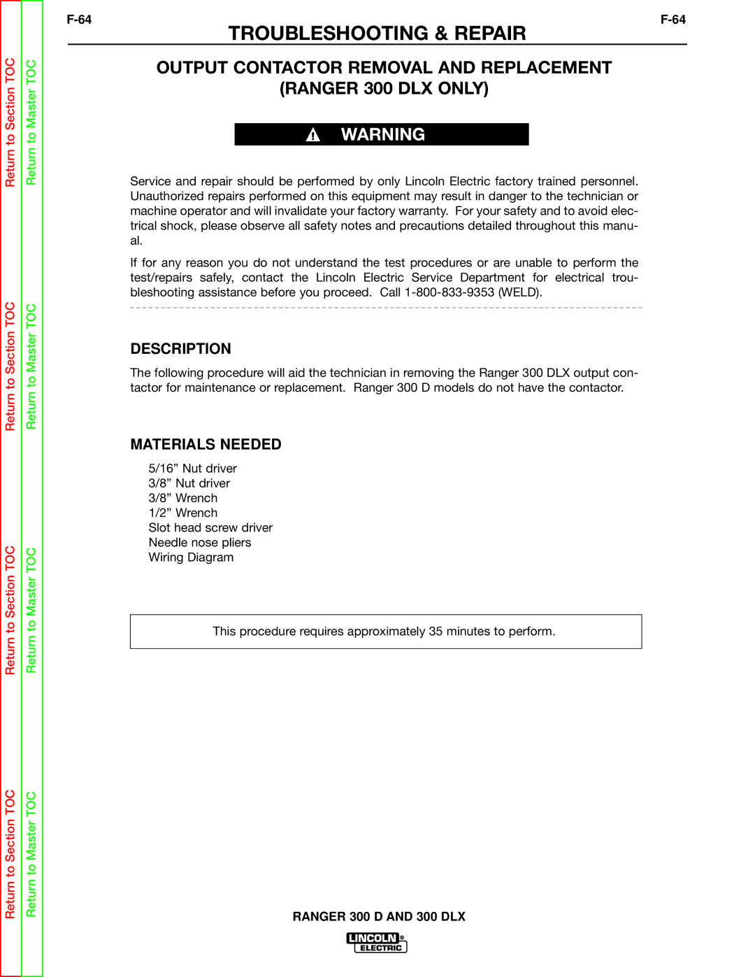 Lincoln Electric SVM148-B service manual Output Contactor Removal and Replacement Ranger 300 DLX only 