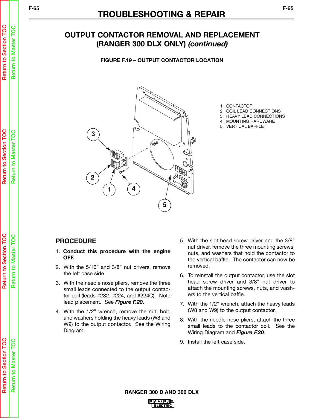 Lincoln Electric SVM148-B service manual Output Contactor Removal and Replacement, Figure F.19 Output Contactor Location 